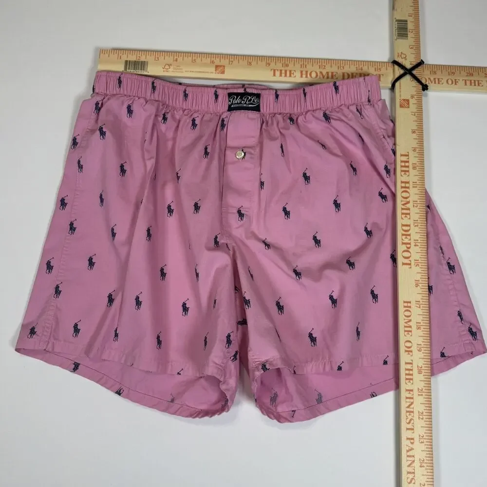 Polo Ralph Lauren Men’s Woven Boxer Shorts Underwear Logo Print Pink/Blue Large